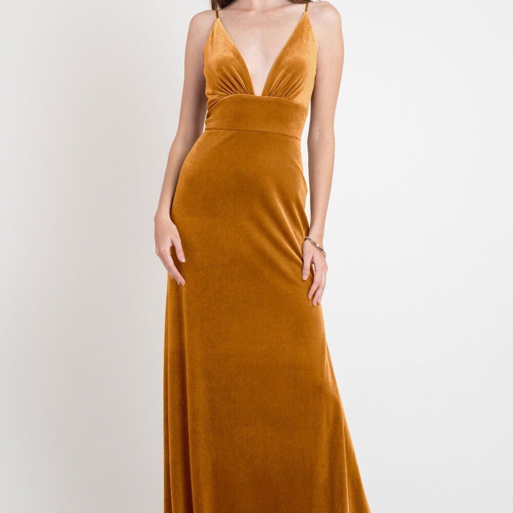 Jenny Yoo Stretch Velvet Deep-V Long Formal Bridesmaid Dress Marigold - Picture 1 of 3